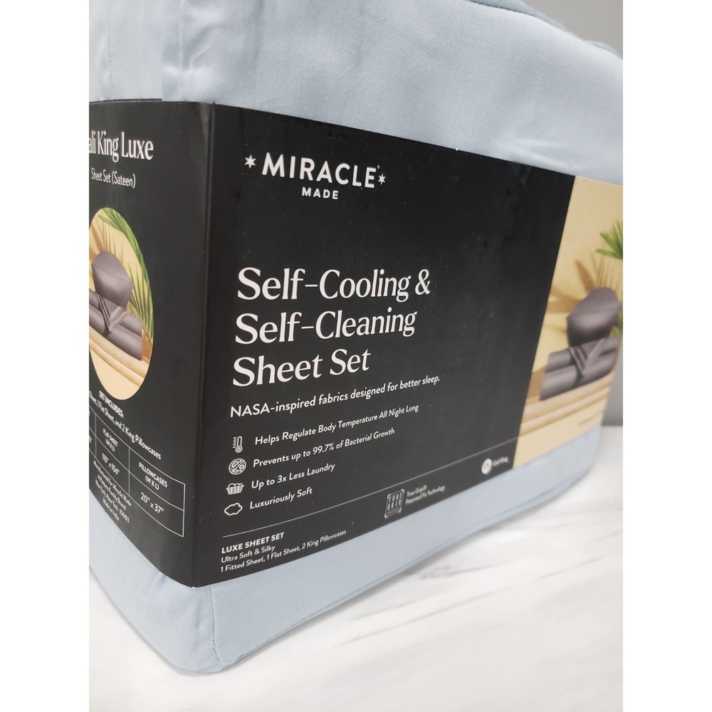 Miracle Made Luxe California King Blue Sateen Sheet Set Cooling Self-Cleaning